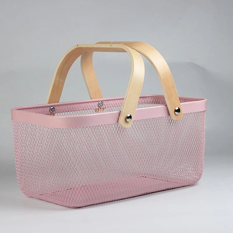 Multi-Purpose Iron Mesh Storage Basket with Wooden Handle