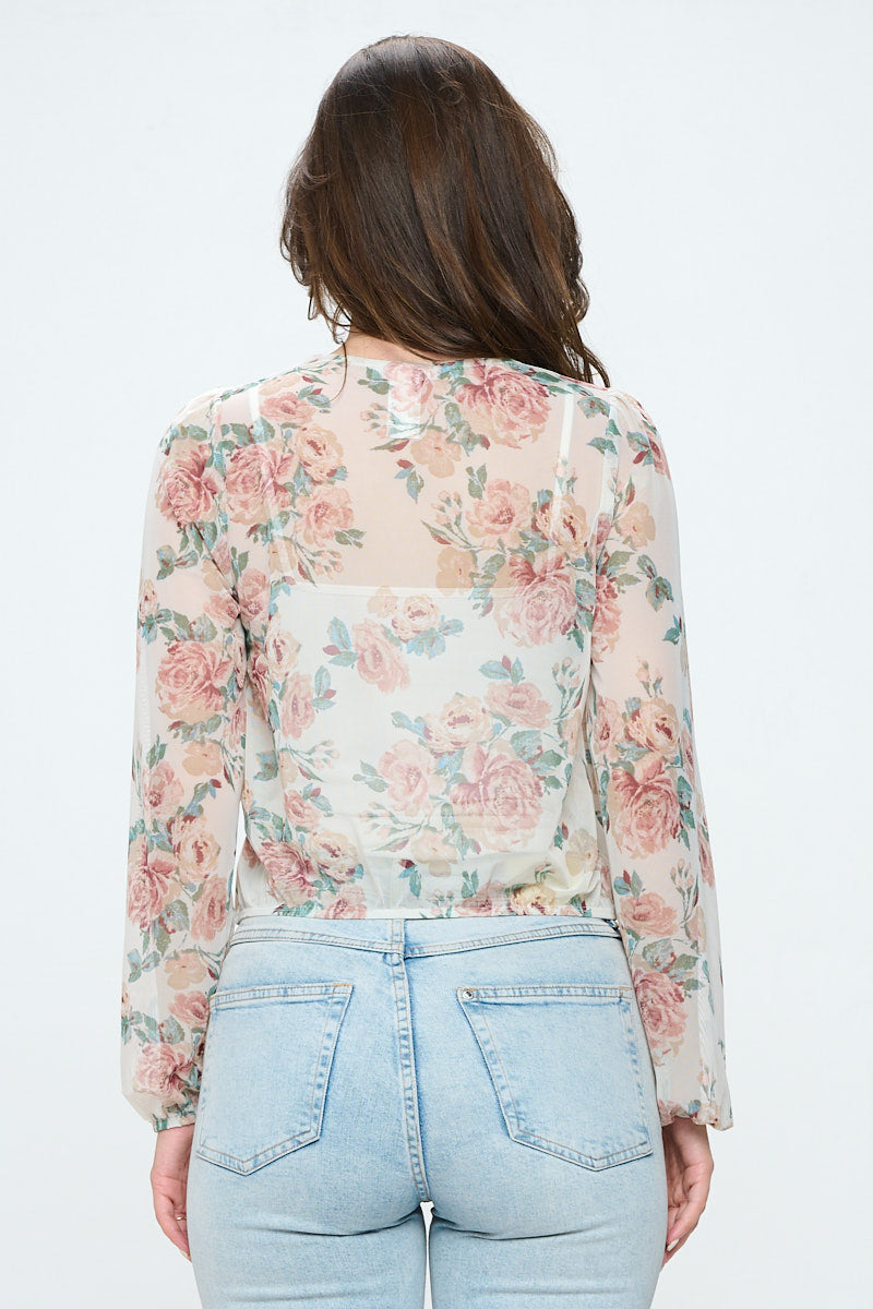 Floral mesh surplice blouse