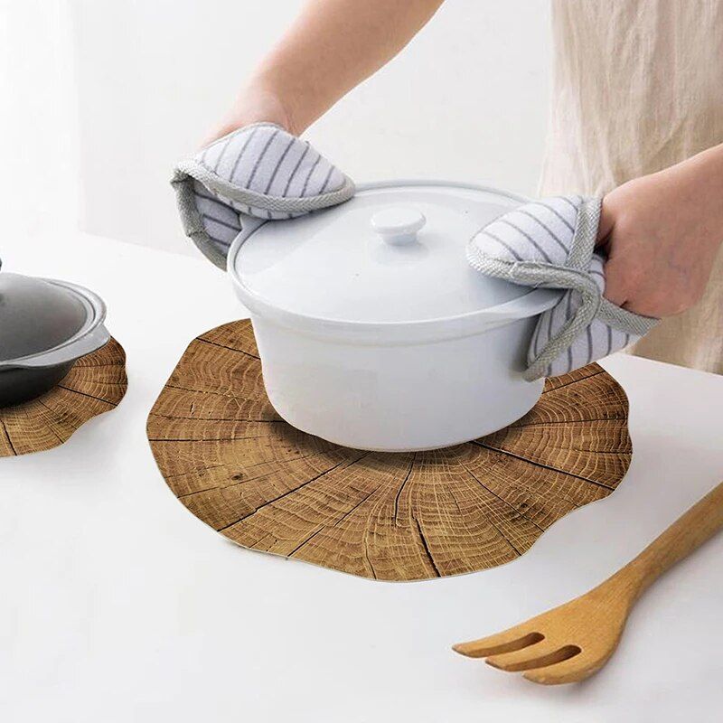 Eco-Friendly Wood Grain Heat Resistant Trivet Mat Set for Kitchen - 6pcs