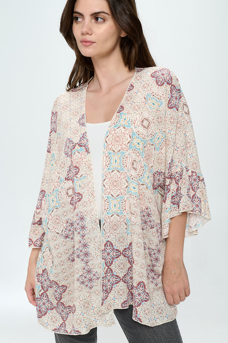 Ruffle sleeves loose fit kimono in ethnic print