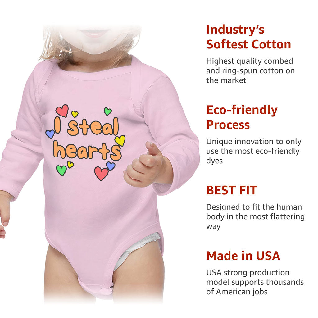 I Steal Hearts Baby Long Sleeve Onesie - Cute Heart Baby Long Sleeve Bodysuit - Illustration Baby One-Piece