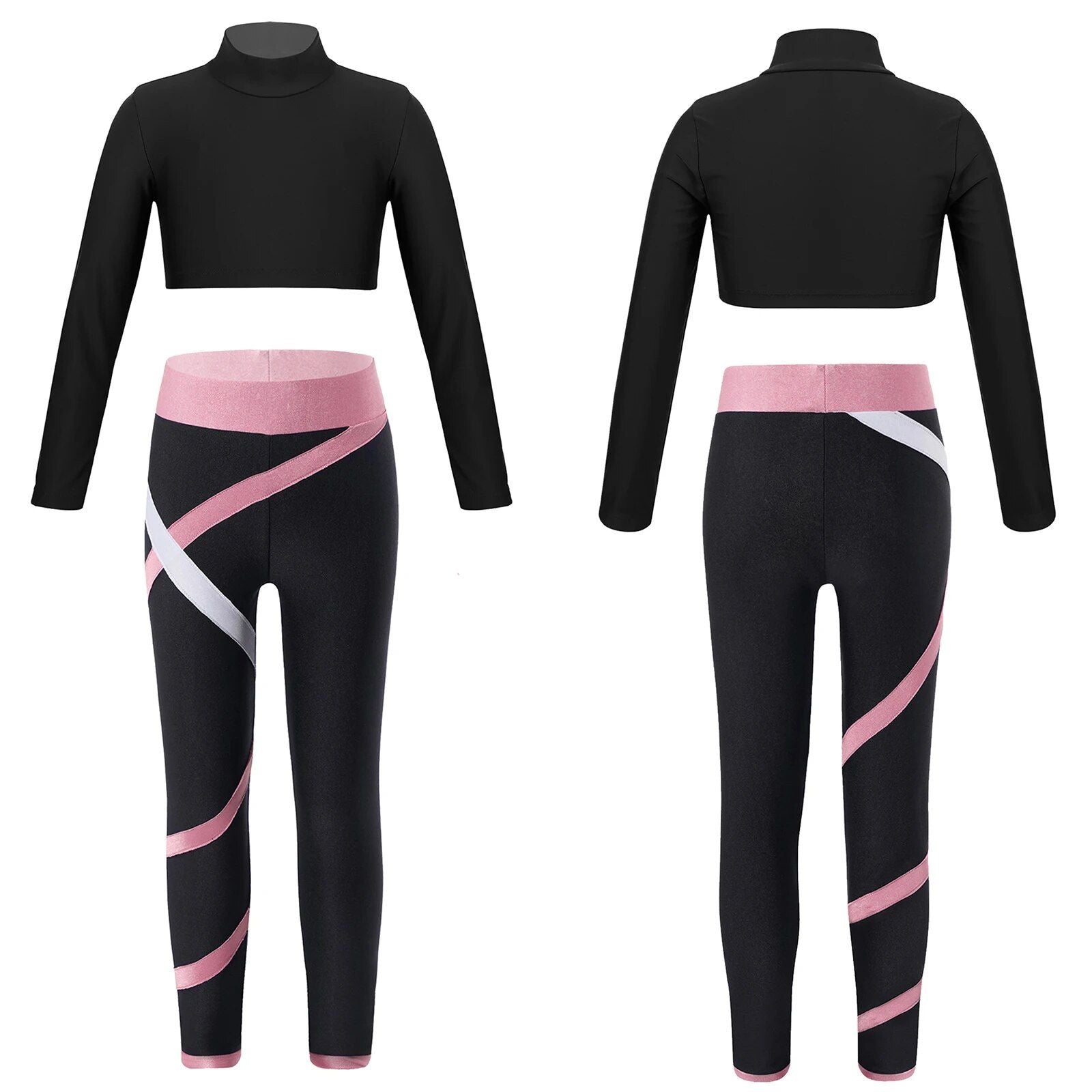 Kids' Athletic Wear Set - Stretchy Long Sleeve Crop Top & Colorblock Leggings for Gymnastics, Yoga, Skating