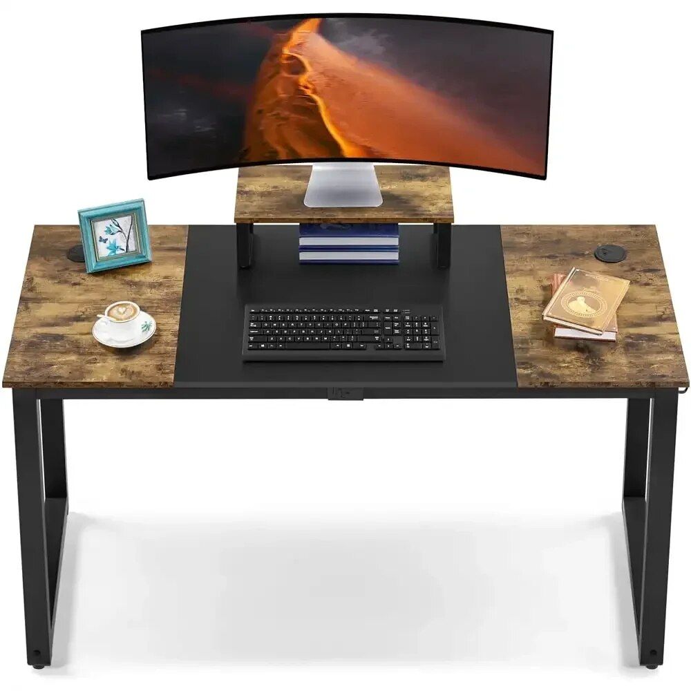 Industrial-Style Rustic Brown & Black Computer Desk with Monitor Stand