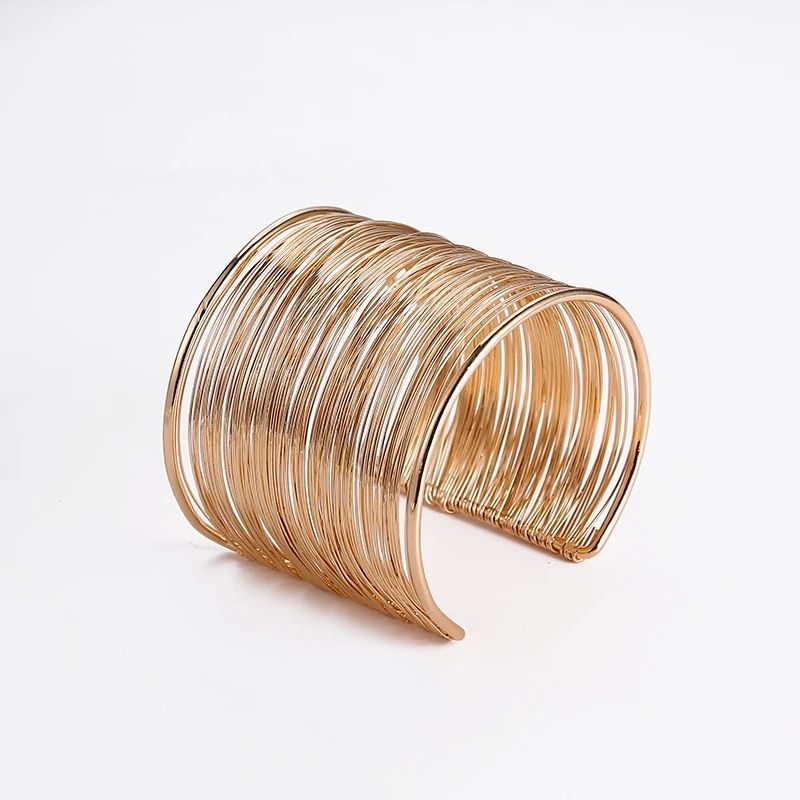 Gold-Plated Geometric Cuff Bangle - Women's Bohemian Wide Wire Statement Jewelry