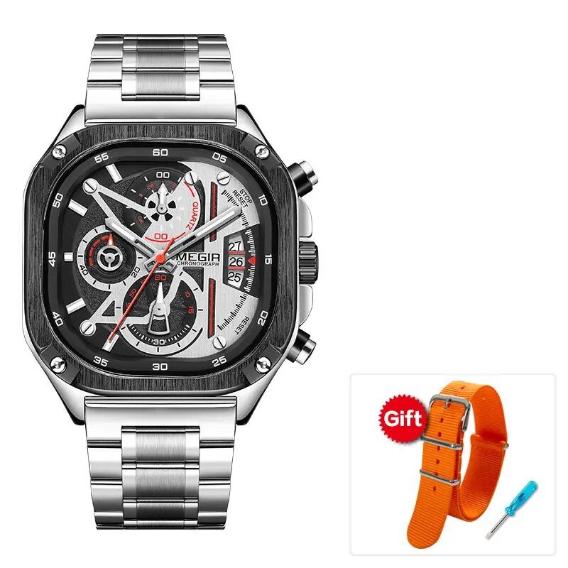 Waterproof Black Quartz Square Dial Men's Wristwatch with Chronograph & Luminous Hands