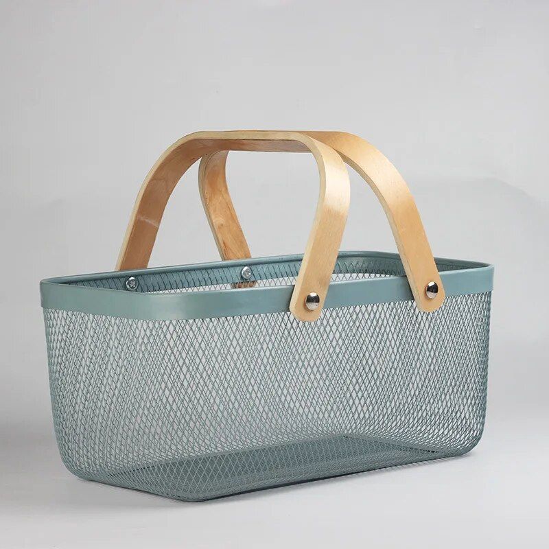 Multi-Purpose Iron Mesh Storage Basket with Wooden Handle