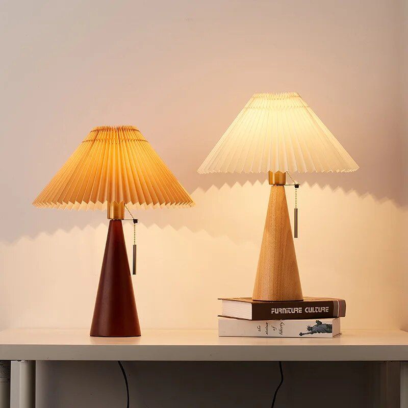 Modern Nordic Pleated Table Lamp - Solid Wood Desk Light with Fabric Shade