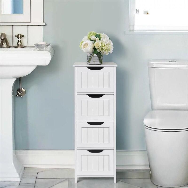 Elegant White Wooden Bathroom Cabinet with 4 Drawers