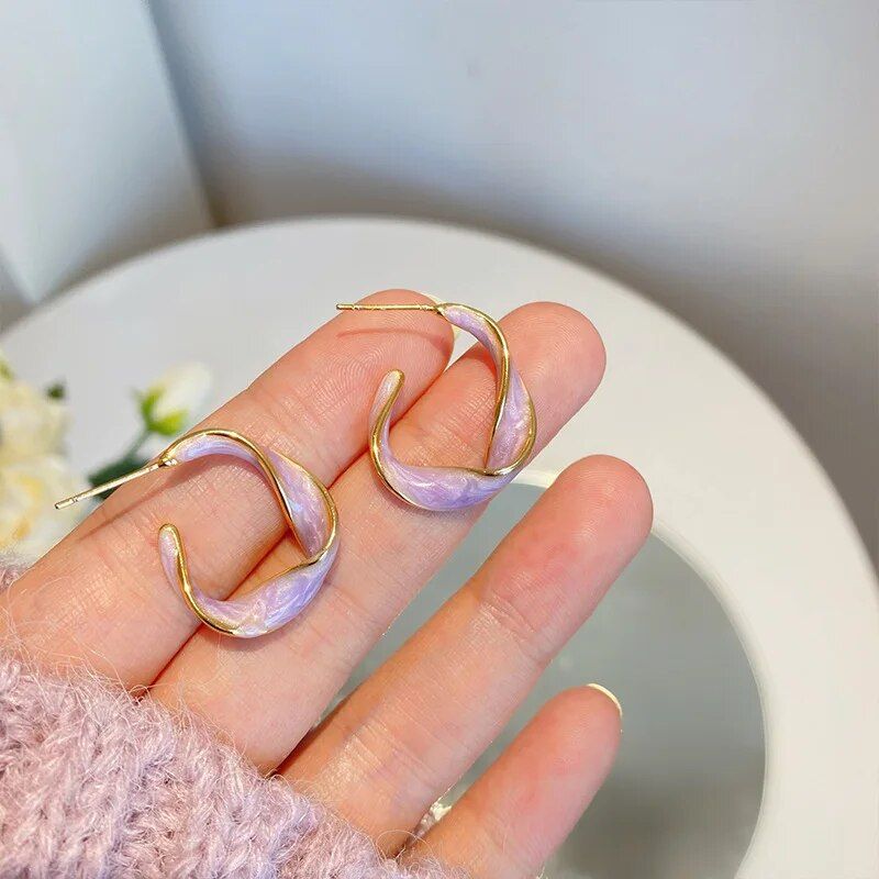 Lavender Purple Twisted Metal Hoop Earrings