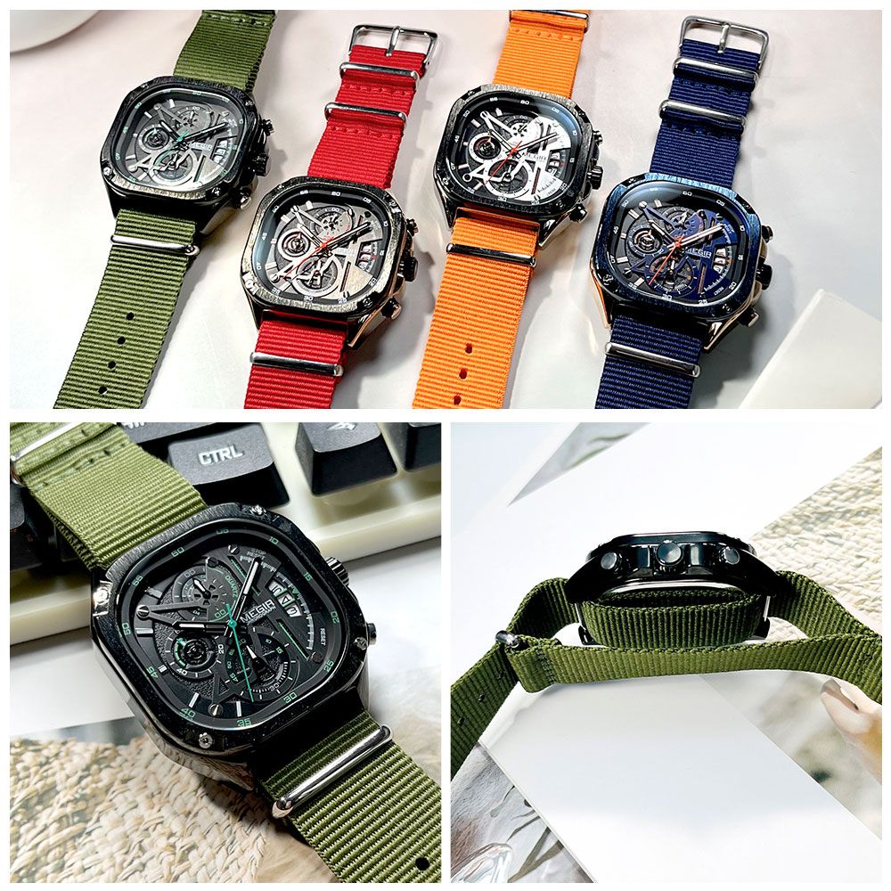 Waterproof Black Quartz Square Dial Men's Wristwatch with Chronograph & Luminous Hands