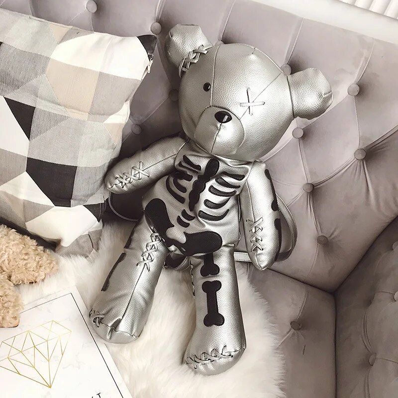 Punk-Style Skeleton Bear Backpack for Adolescent Girls - Fashionable & Versatile School Accessory