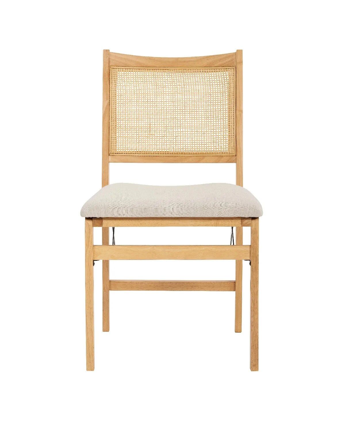 Elegant Natural Wood and Rattan Folding Chair with Upholstered Beige Seat