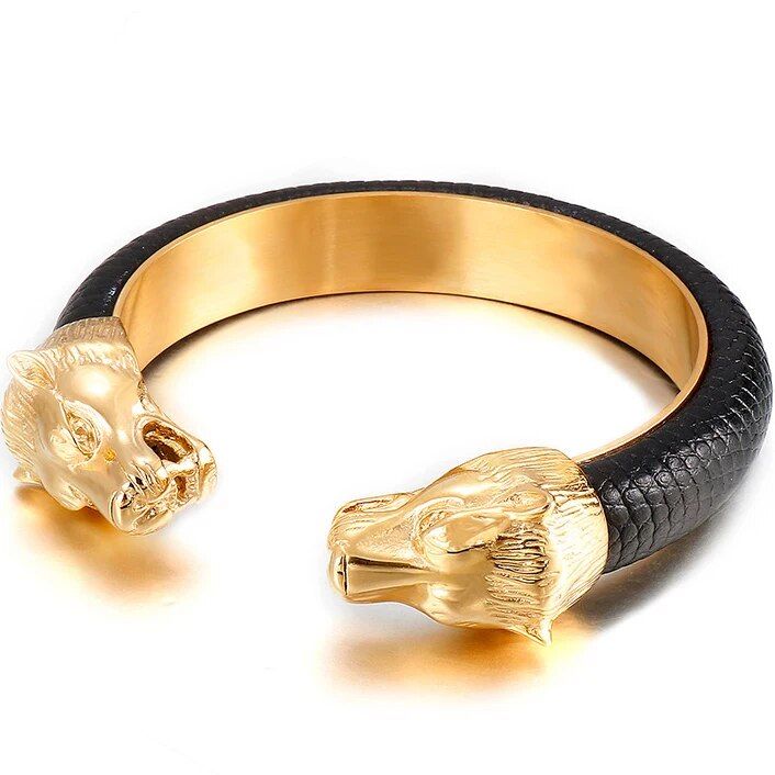 Gold-Plated Stainless Steel Lion Head Cuff Bracelet