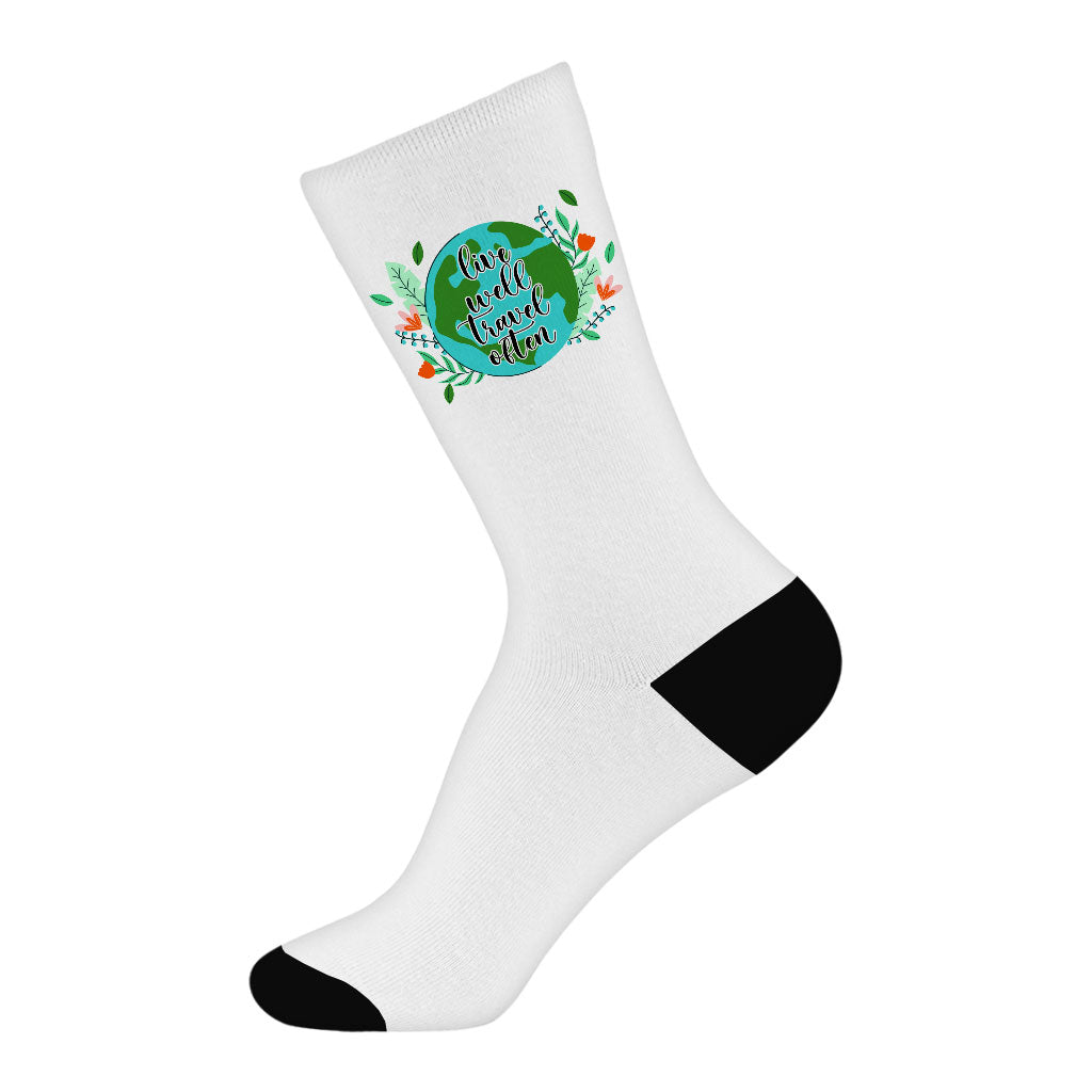 Live Well Travel Often Socks - Graphic Novelty Socks - Unique Crew Socks