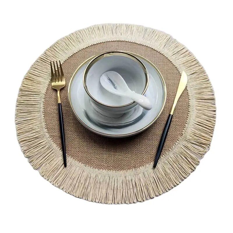 Eco-Friendly Linen Round Placemat with Fringe - Heat Resistant, Non-Slip Kitchen Table Mat