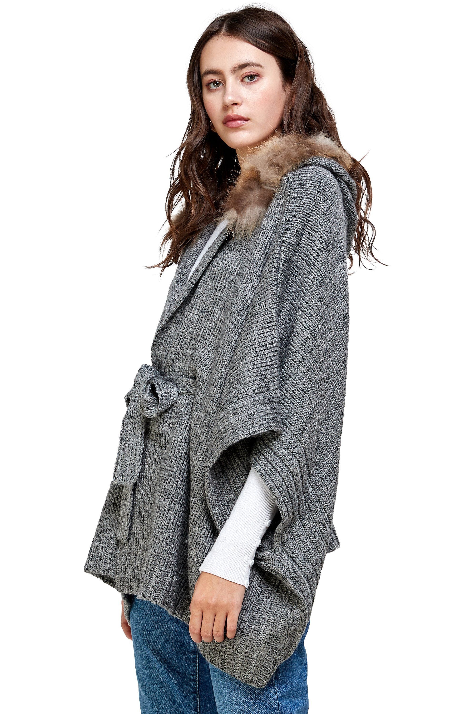 Hoodie Poncho Sweater Cardigan Fur Trim Top