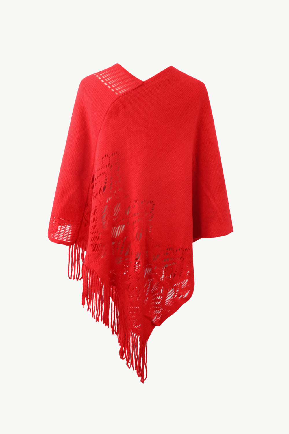 Openwork Fringe Hem V-Neck Poncho