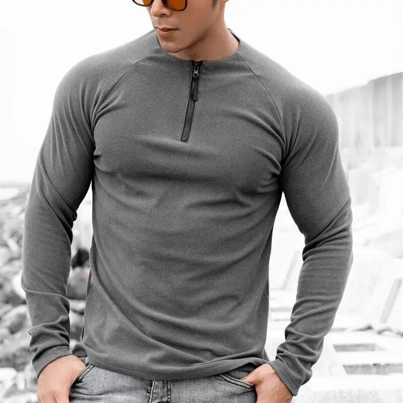 Men's Long Sleeve Slim Fit Sports T-Shirt with Zipper Neckline