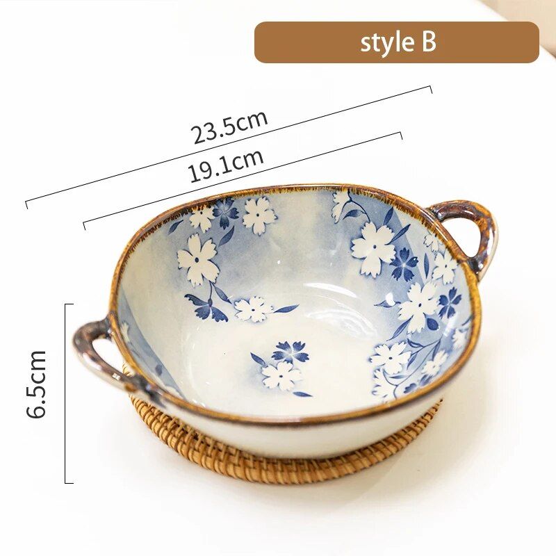 Elegant Floral Ceramic Soup and Salad Bowl with Handle