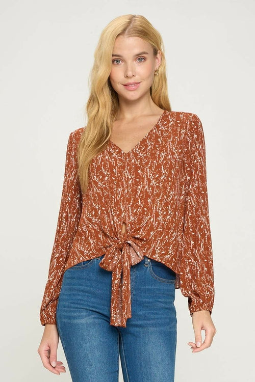 V Neck Long Sleeve Tie Front Pop Over Blouse Top