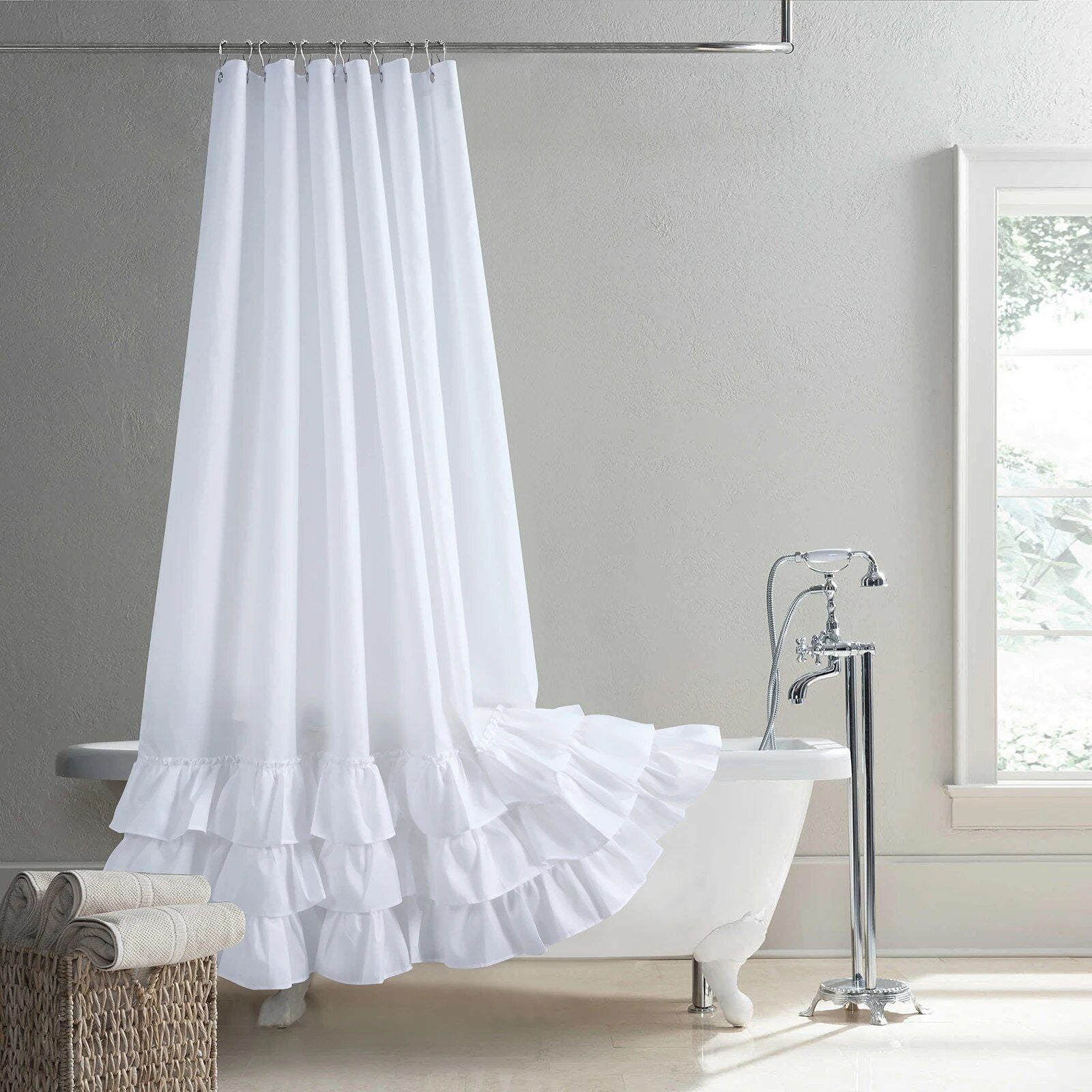 Elegant Ruffled White Boho Waterproof Shower Curtain