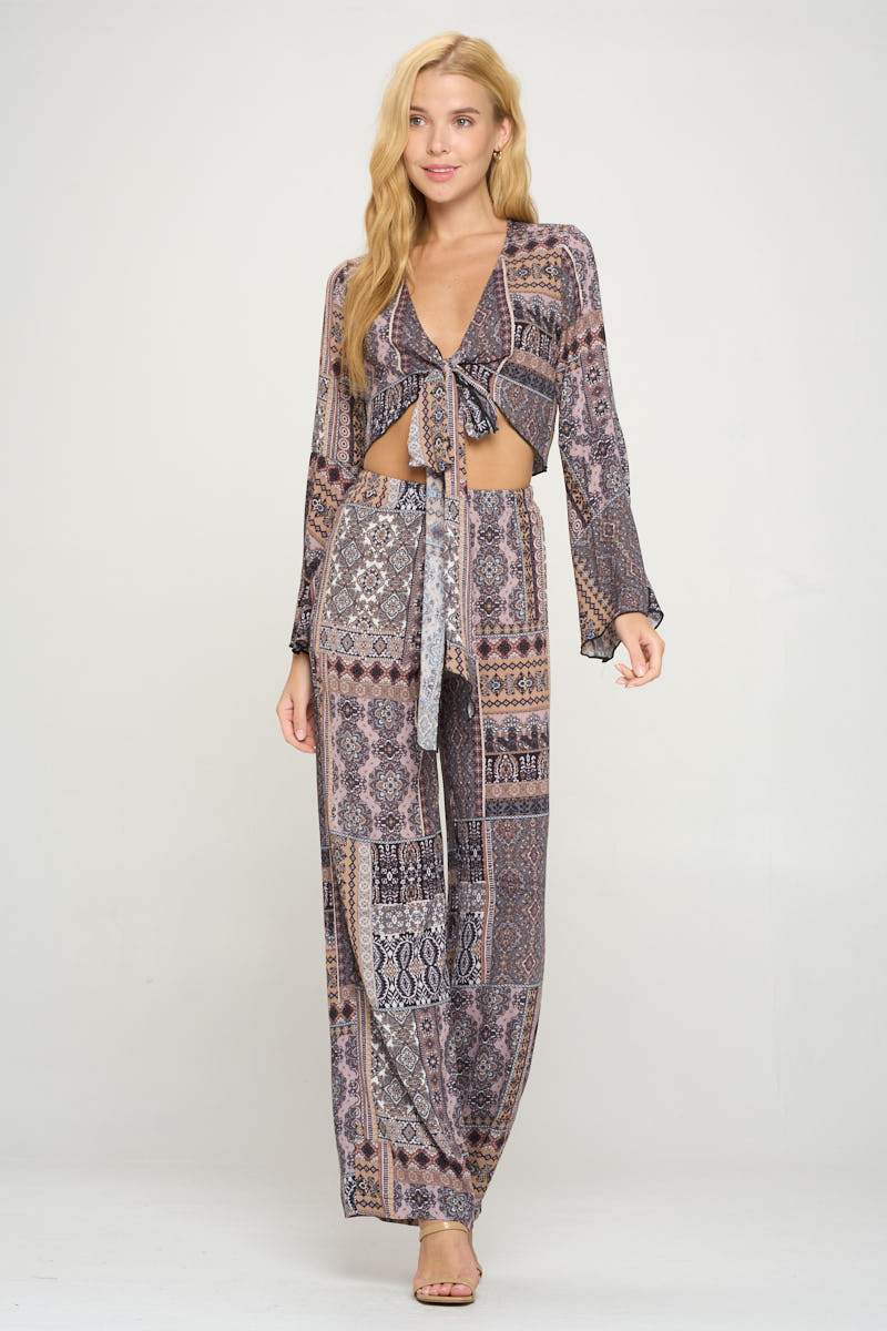 Tie Front Bell Sleeve Crop Cardigan Palazzo Pants