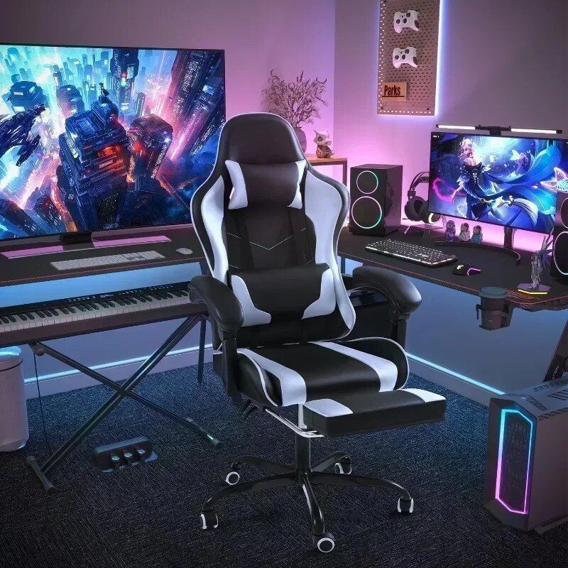 Ultimate Comfort PU Leather Gaming Chair with Massage Lumbar Support and Extendable Footrest