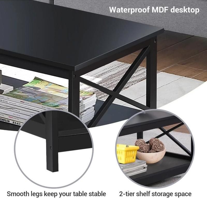 Elegant Black Coffee Table with Storage Shelf for Modern Living Room