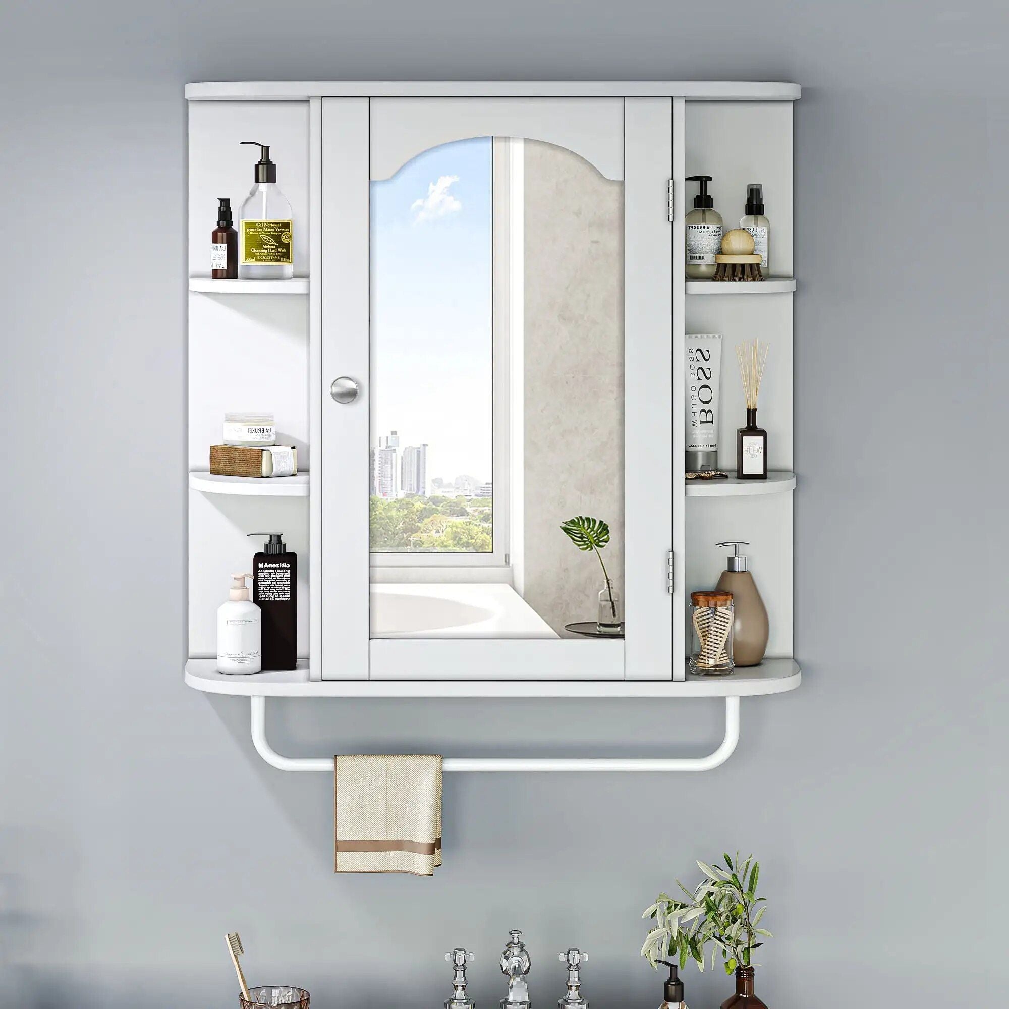 Wall-Mounted Brown Mirror Cabinet with Removable Shelf