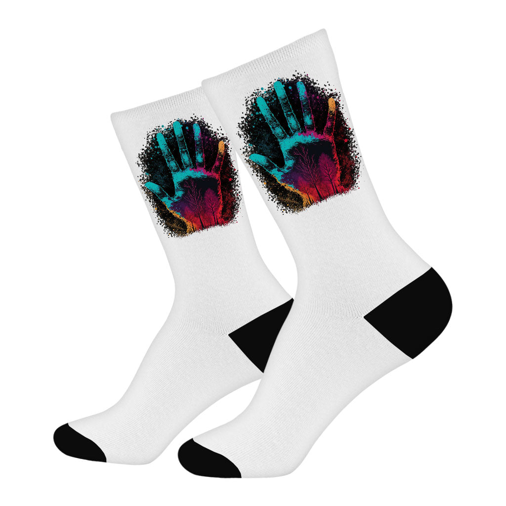 Hand Print Socks - Neon Novelty Socks - Cool Crew Socks