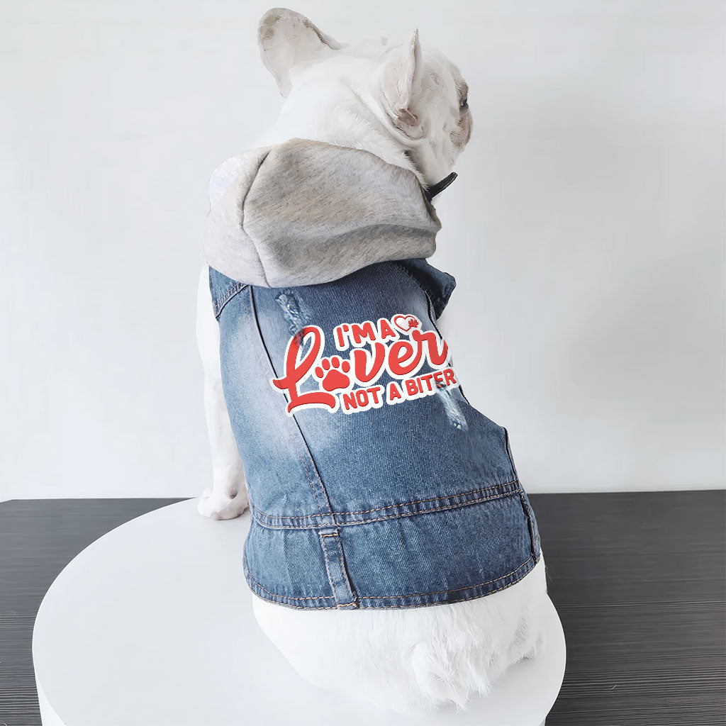 I'm a Lover Not a Biter Dog Denim Jacket - Funny Dog Denim Coat - Phrase Dog Clothing