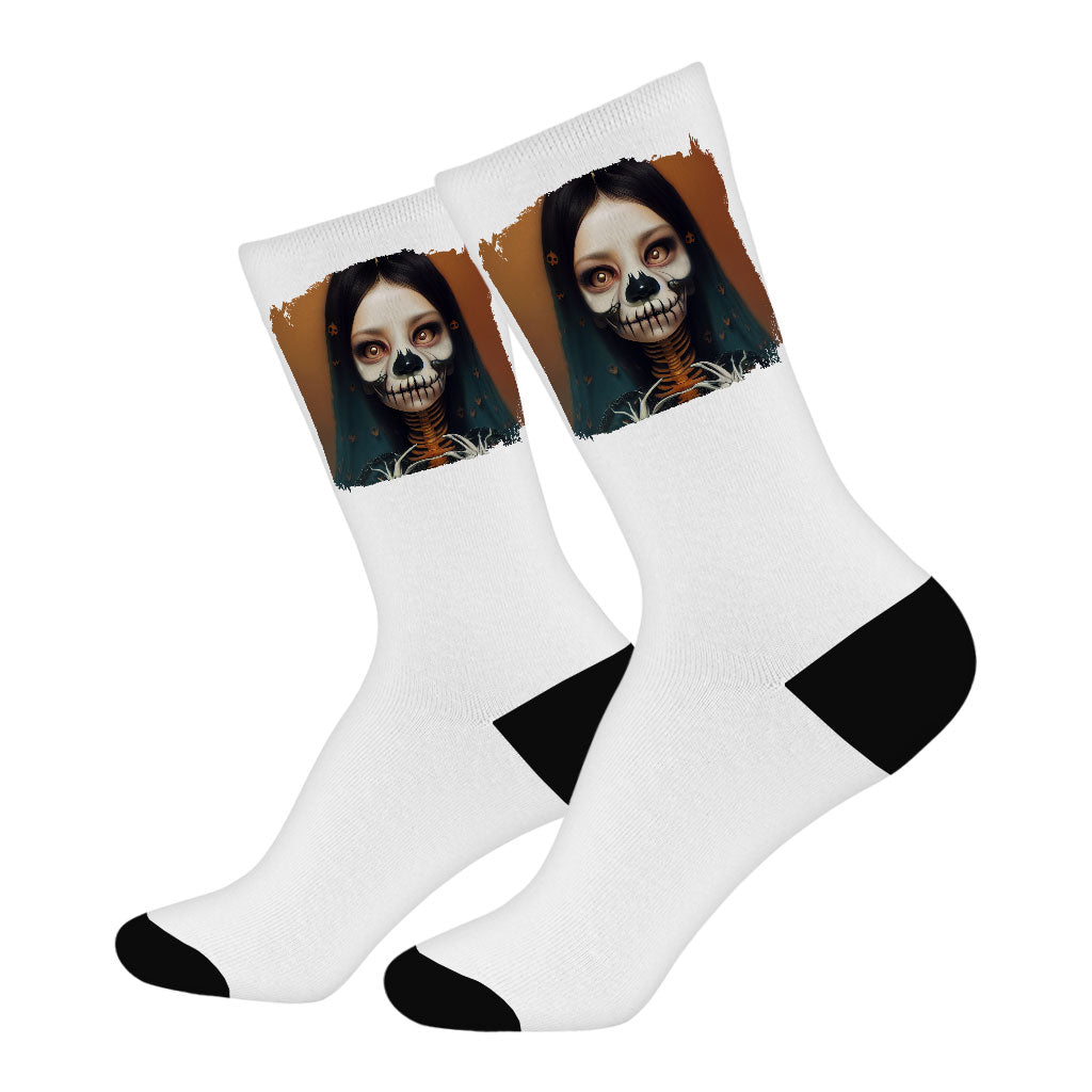 Creepy Girl Socks - Gothic Print Novelty Socks - Skeleton Crew Socks