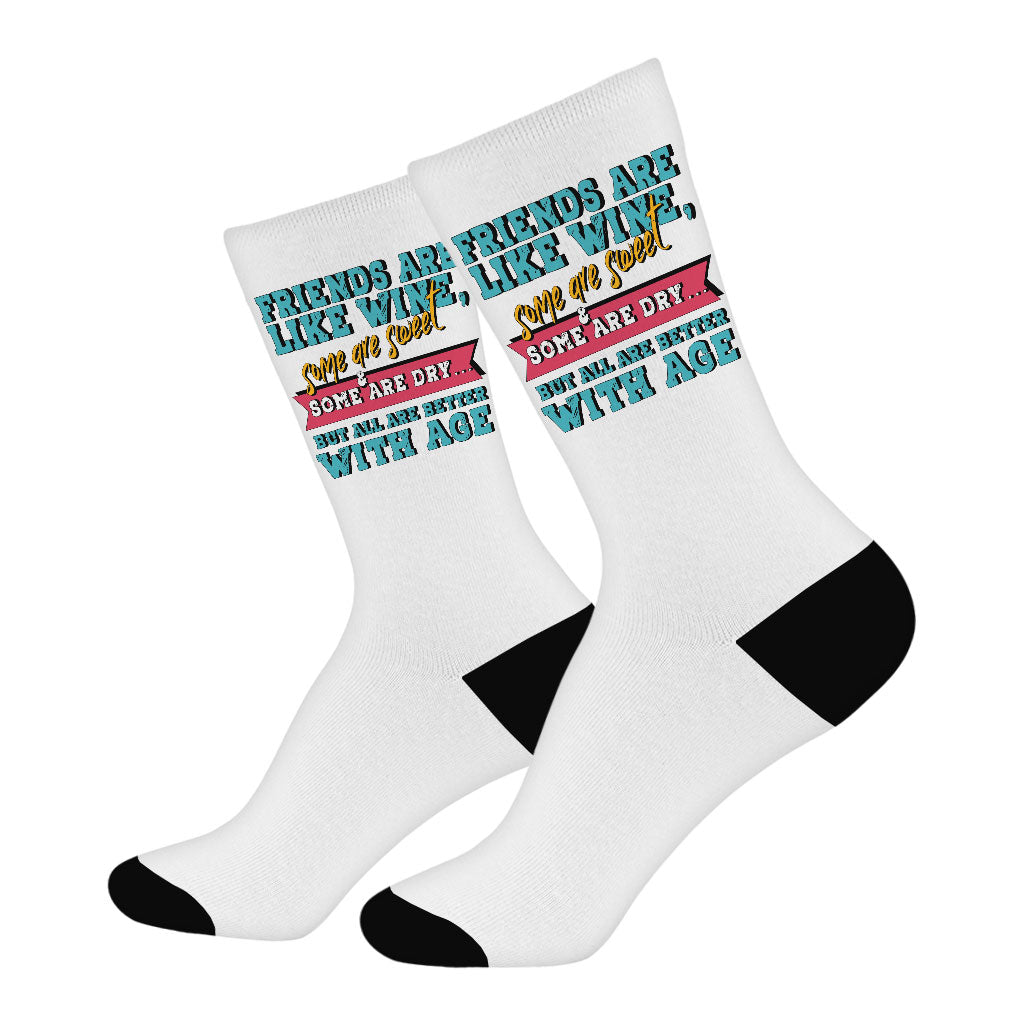 Friends and Wine Socks - Quotes Novelty Socks - Funny Crew Socks