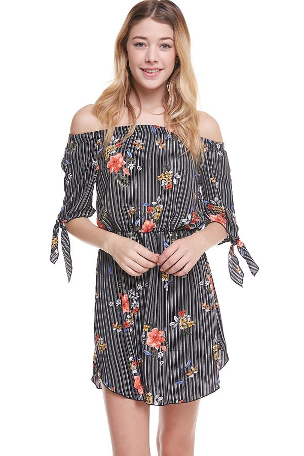 Floral Print Off Shoulder Tie Sleeve Dress