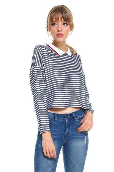 Cropped Long Sleeve Blue and White Stripe Polo Top