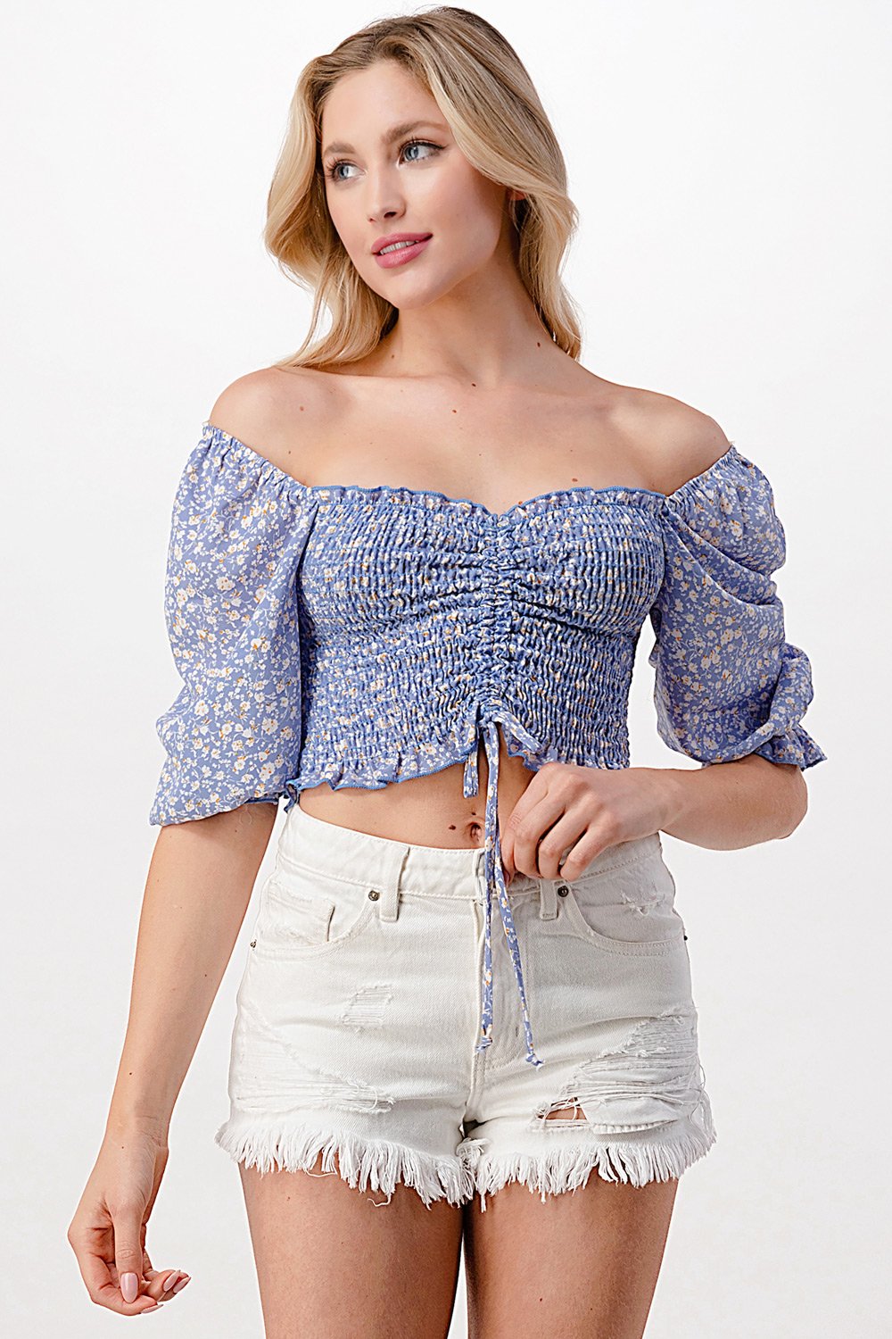 Crop Top With Puff Sleeves In Ditsy Floral Top