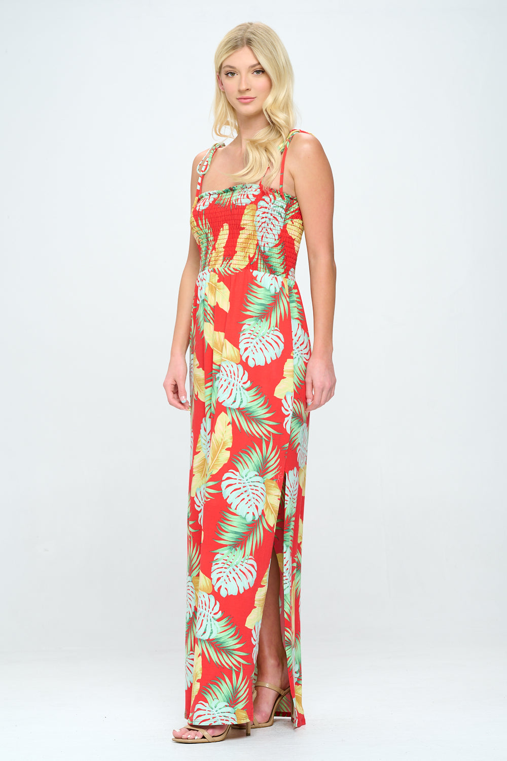 Smocked tropical print maxi dress