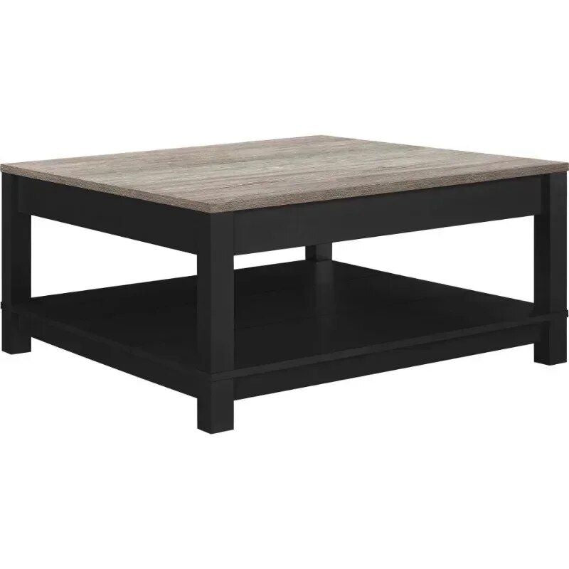 Elegant Matte Black Coffee Table with Woodgrain Top