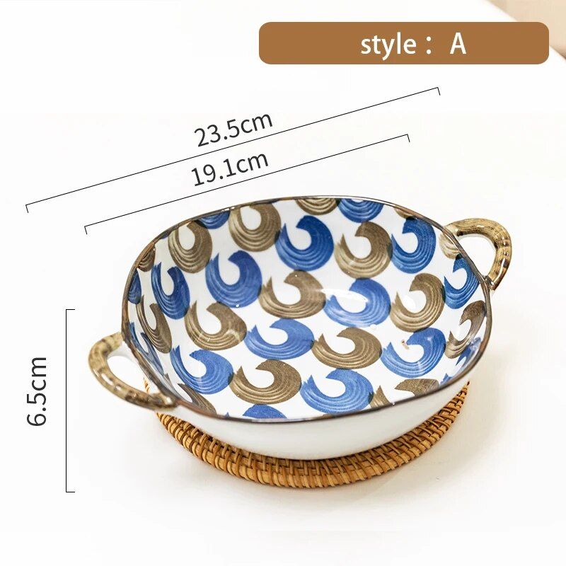 Elegant Floral Ceramic Soup and Salad Bowl with Handle