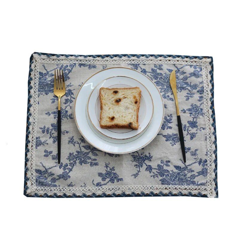 Elegant French Pastoral Blue Floral Table Mat - Waterproof, Cotton-Linen Blend Home Decor