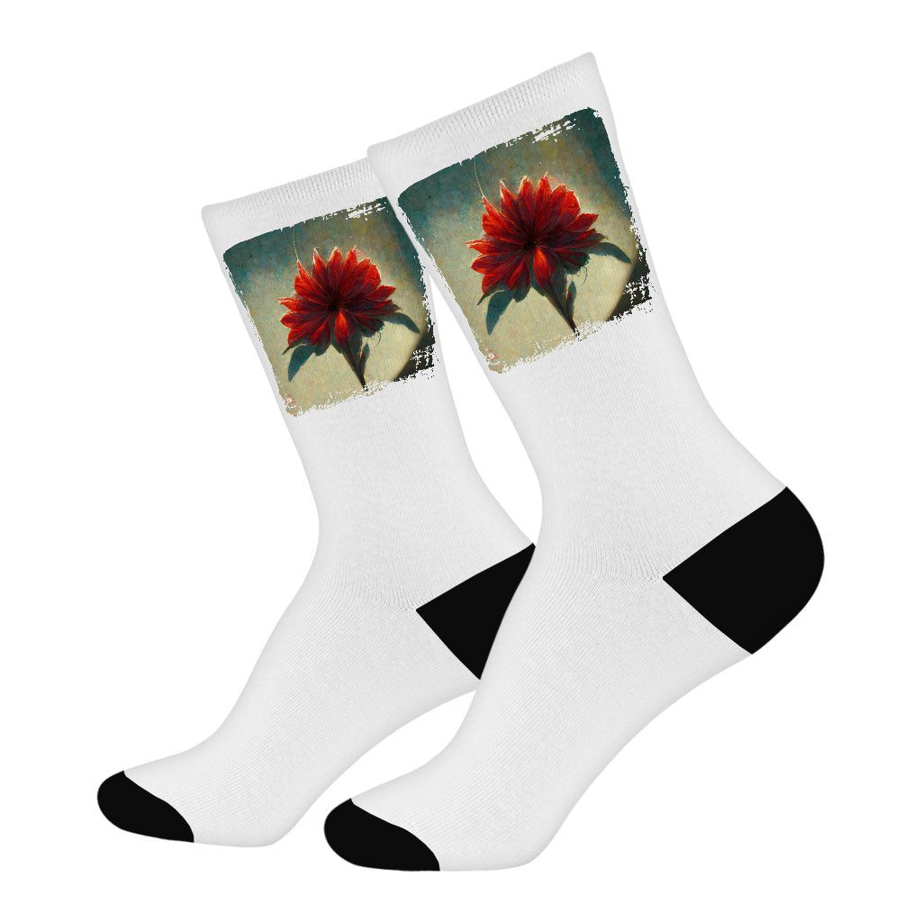 Red Dahlia Flower Socks - Art Novelty Socks - Graphic Crew Socks