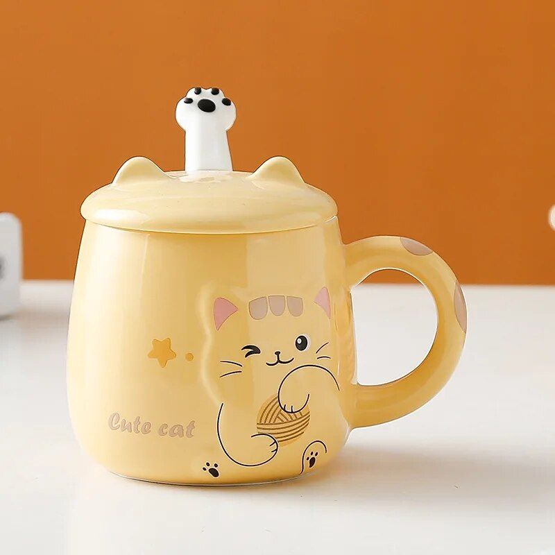 Cute Cartoon Cat Ceramic Mug with Lid and Spoon - Perfect for Office and Home Use