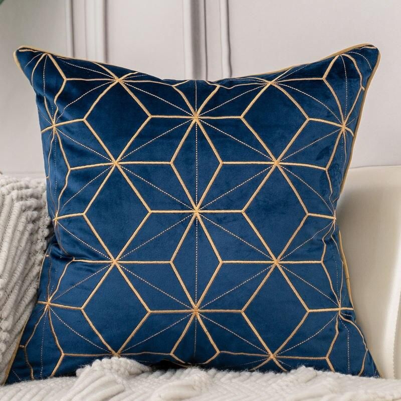 Geometric Plaid Embroidered Velvet Cushion Cover