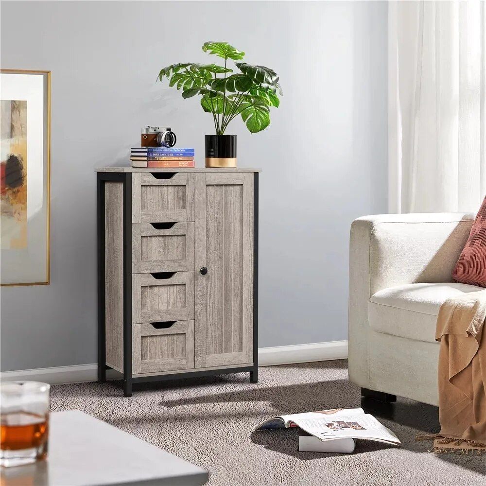 Elegant Gray Wooden Bathroom Storage Cabinet with 4 Drawers and Adjustable Shelves