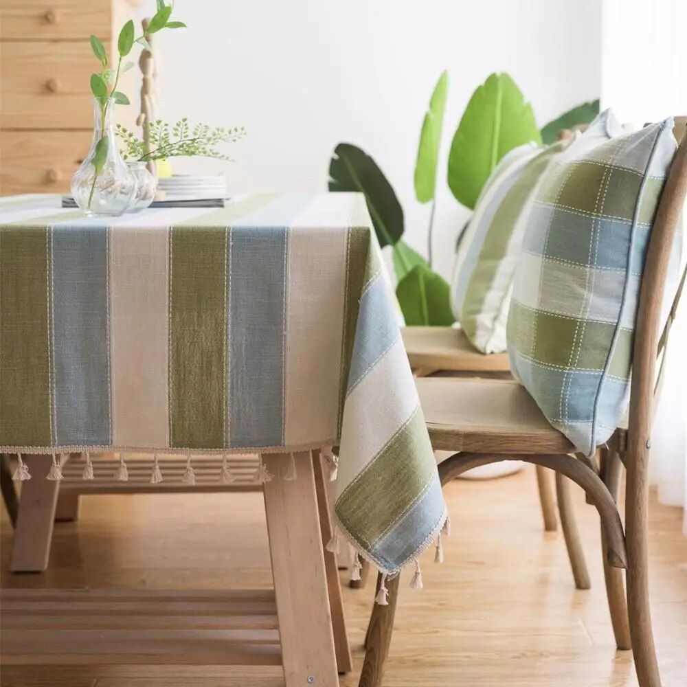 Green Striped Cotton Linen Tablecloth with Tassel Hem