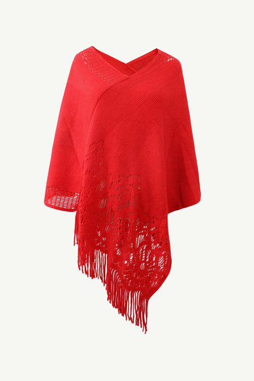 Openwork Fringe Hem V-Neck Poncho