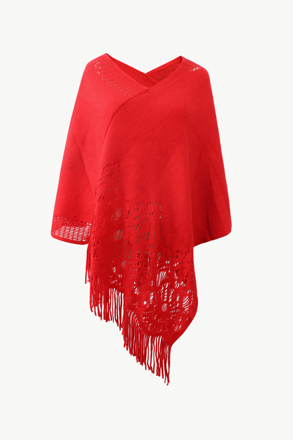 Openwork Fringe Hem V-Neck Poncho