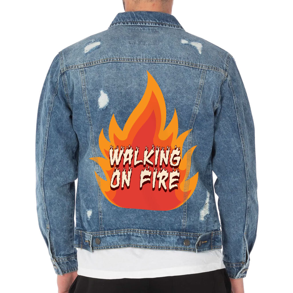 Fire Graphic Men's Distressed Denim Jacket - Cool Design Denim Jacket for Men - Illustration Denim Jacket