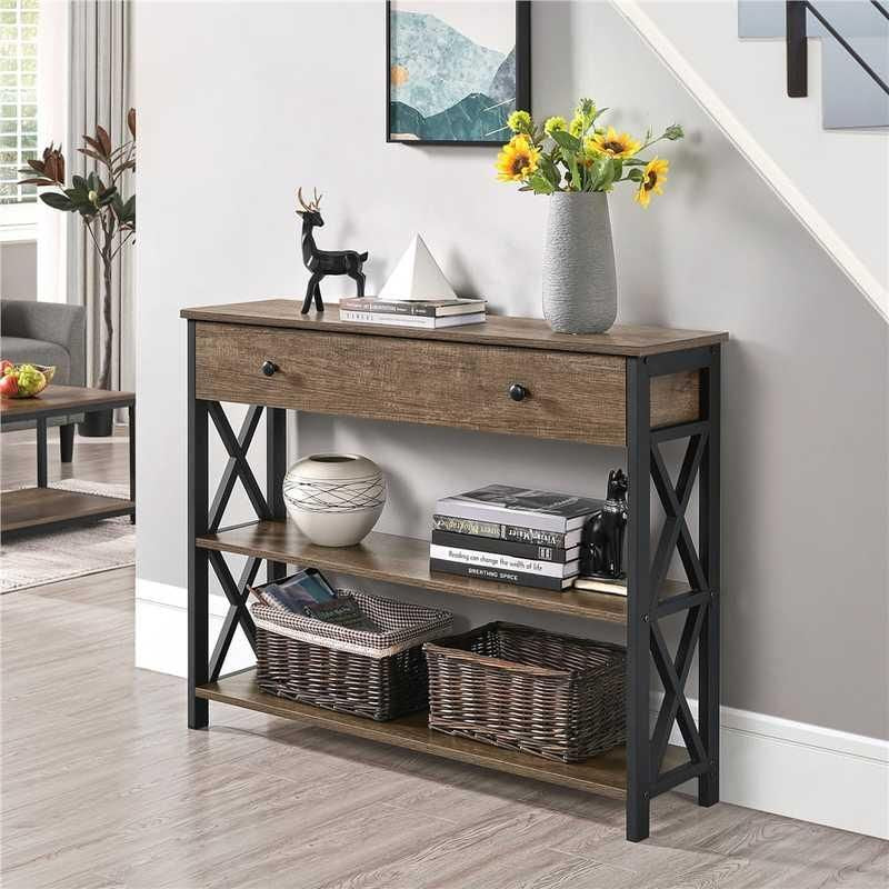 Elegant Taupe Wood and Dark Iron Console Table with Drawer and Shelves