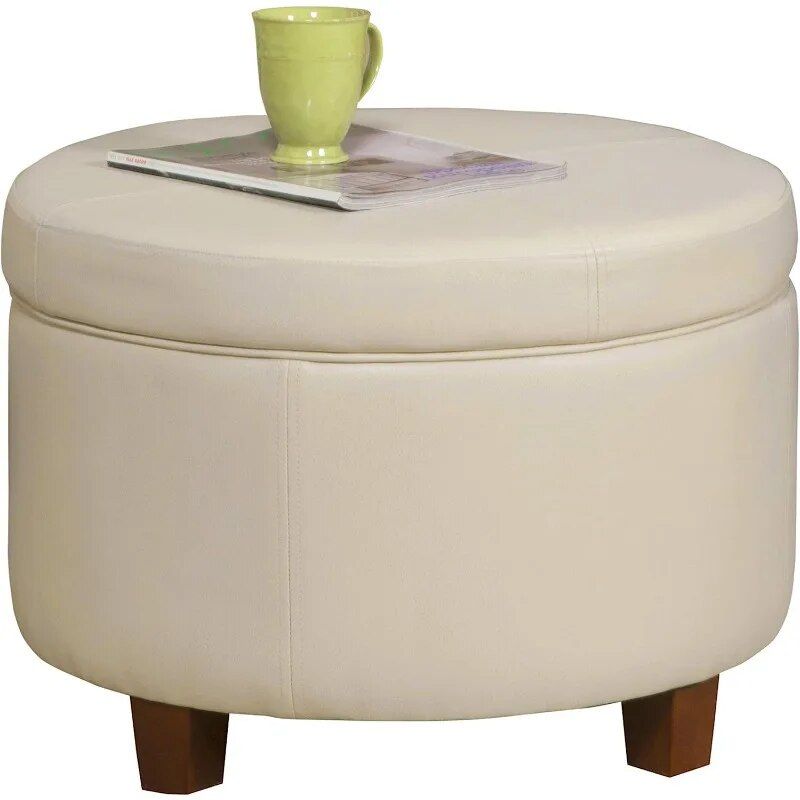 Elegant Ivory Leatherette Round Storage Ottoman